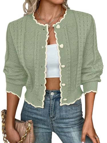 GORGLITTER Strickjacke Damen Open Front Cardigan Herbstjacke Langarm Knopfleiste Leicht Winterjacke Elegant Übergangsjacke Frühlingmantel Grün XL von GORGLITTER