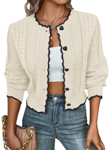 GORGLITTER Strickjacke Damen Open Front Cardigan Herbstjacke Langarm Knopfleiste Leicht Winterjacke Elegant Übergangsjacke Frühlingmantel Weiß S von GORGLITTER