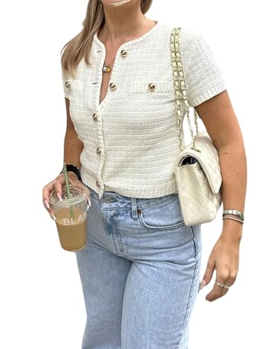 GORGLITTER Strickjacken Damen Elegant Cardigan Rundhals Strickjacke mit Knopf Kurzarm Strickpullover mit Kariert Trachten Oberteil Herbst Outfit Aprikosenfarben M von GORGLITTER