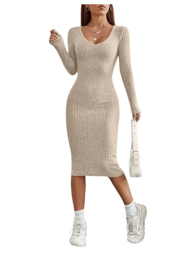 GORGLITTER Strickkleid Damen Langarm Figurbetontes Kleid Lang Elegantes Kleid Mit V Ausschnitt Rippenstrick Kleid Khaki M von GORGLITTER