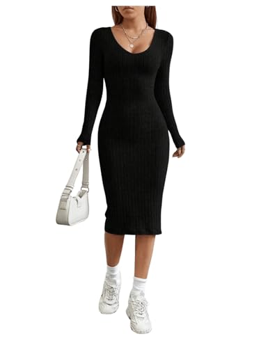 GORGLITTER Strickkleid Damen Langarm Figurbetontes Lang Elegantes Mit V-Ausschnitt Rippenstrick Schwarz S von GORGLITTER