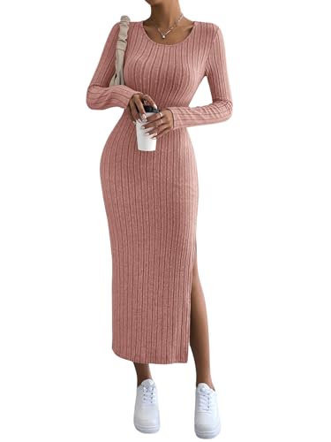 GORGLITTER Strickkleid Damen Mit Schlitz Figurbetontes Kleid Langarm Lang Kleid Mit U Ausschnitt Figurbetontes Kleid Mit Rippenstrick Rosa S von GORGLITTER