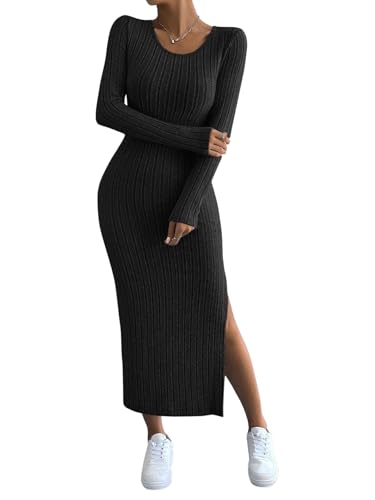 GORGLITTER Strickkleid Damen Winter Kleid Langarm Kleid Mit Schlitz Maxikleid Elegant Herbst Kleid Lang Pulloverkleid von GORGLITTER