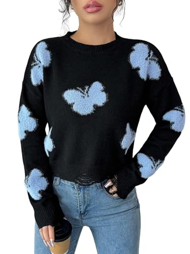 GORGLITTER Strickpullover Damen Elegant Bequem Cropped Pullover Casual Rundhals Strickpullover Bedruckte Puli mit Schmetterlingsdruck Herbst Winter Schwarz M von GORGLITTER