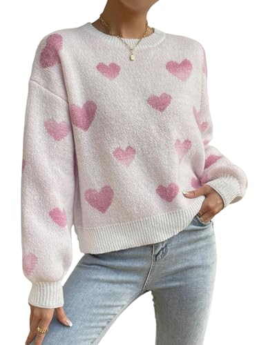 GORGLITTER Strickpullover Damen Elegant Y2K Bequem Pullover mit Herzmuster Casual Rundhals Pulli Langarm Locker Sweater Gestrickte Tops Herbst Winter Hell-Pink XS von GORGLITTER