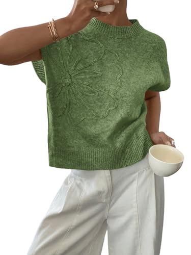 GORGLITTER Strickpullover Damen Kurzarm Pullunder Strickweste Mit Blumen Strickoberteile Kurzarmpullover Strick Top Herbst Outfit Mode Armeegrün L von GORGLITTER