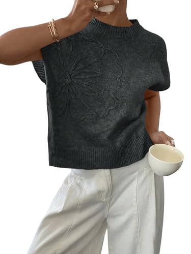 GORGLITTER Strickpullover Damen Kurzarm Pullunder Strickweste Mit Blumen Strickoberteile Kurzarmpullover Strick Top Herbst Outfit Mode Dunkelgrau L GORGLITTER Strickpullover Damen Kurzarm Pullunder Strickweste Mit Blumen Strickoberteile Kurzarmpullover Strick Top Herbst Outfit Mode Dunkelgrau L von GORGLITTER
