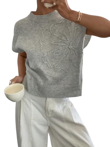 GORGLITTER Strickpullover Damen Kurzarm Pullunder Strickweste Mit Blumen Strickoberteile Kurzarmpullover Strick Top Herbst Outfit Mode Grau M von GORGLITTER