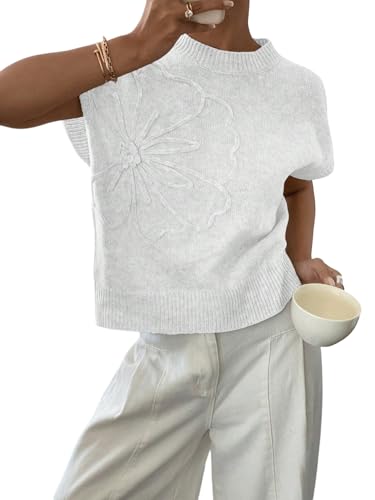 GORGLITTER Strickpullover Damen Kurzarm Pullunder Strickweste Mit Blumen Strickoberteile Kurzarmpullover Strick Top Herbst Outfit Mode Weiß L GORGLITTER Strickpullover Damen Kurzarm Pullunder Strickweste Mit Blumen Strickoberteile Kurzarmpullover Strick Top Herbst Outfit Mode Weiß L von GORGLITTER