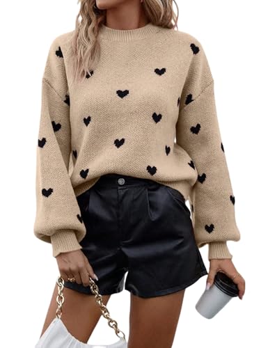 GORGLITTER Strickpullover Damen Oversize Pullover Mit Herzen Winterpullover Elegant Strickpulli Herbst Langarm Sweater Winter Outfit Khaki S von GORGLITTER