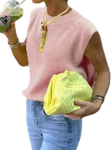 GORGLITTER Strickweste Damen Ärmellos Strickpullover Elegant Damenweste Leicht Strickoberteile Dünne Stricktop Herbst Outfit Rosa M von GORGLITTER