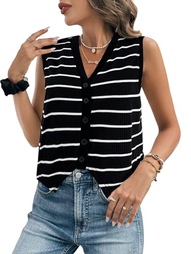 GORGLITTER Strickweste Damen Elegant Crop Weste V-Ausschnitt Knopfleiste Strickjacke Ärmellose Tank Tops Pullover Herbst Business Outfit Schwarz M GORGLITTER Strickweste Damen Elegant Crop Weste V-Ausschnitt Knopfleiste Strickjacke Ärmellose Tank Tops Pullover Herbst Business Outfit Schwarz M von GORGLITTER