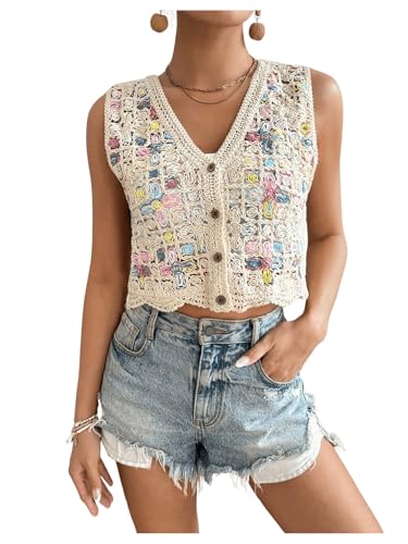 GORGLITTER Strickweste Damen Leicht Kurz Vintage Weste Ärmellos Jacke Stickerei Weste Häkeln Cardigan Herbst Weste Mit Knöpfen Beige L von GORGLITTER