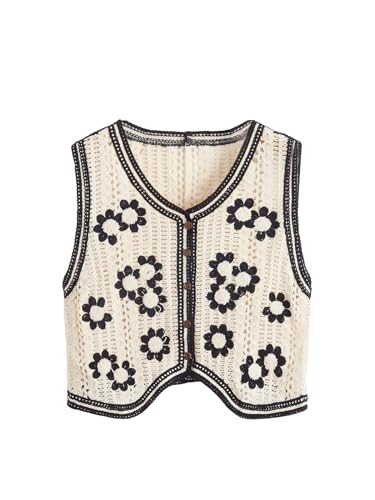 GORGLITTER Strickweste Damen Leicht Vintage Weste Ärmellos Häkeln Cardigan Häkel Tops Boho Westen Stickerei Kurze Jacke Mit Knöpfen Schwarz S von GORGLITTER