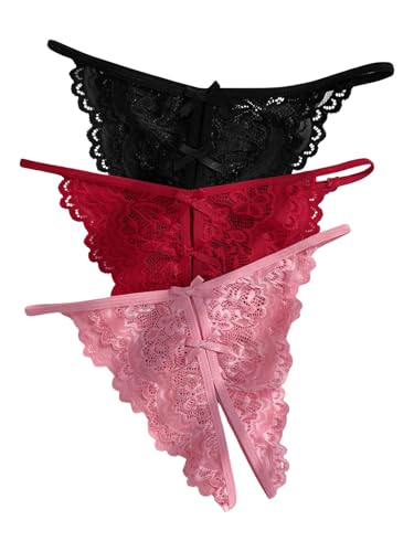GORGLITTER String Tanga Damen Set Sexy Unterwäsche Mit Spitze Dessous Mit Schritt Offen Unterhosen 3er Pack Spitzen Unterwäsche Set Schwarz Multi L GORGLITTER String Tanga Damen Set Sexy Unterwäsche Mit Spitze Dessous Mit Schritt Offen Unterhosen 3er Pack Spitzen Unterwäsche Set Schwarz Multi L von GORGLITTER