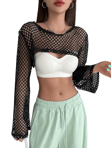 GORGLITTER Super Crop Top Damen Transparentem Fischnetz Oberteil Cropshirt Crochet für Cover Up Festival Outfit Tops Schwarz M von GORGLITTER