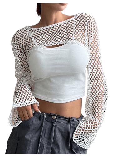 GORGLITTER Super Crop Top Damen Transparentem Fischnetz Oberteil Cropshirt Crochet für Cover Up Festival Outfit Tops Weiß L von GORGLITTER