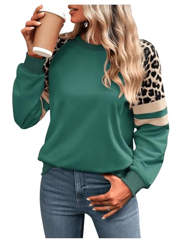 GORGLITTER Sweatshirt Damen Elegant Langarm Pullover mit Leopardenmuster Langarmshirt Rundhals Leo Oberteil Herbstshirt Casualshirt Dunkelgrün M von GORGLITTER