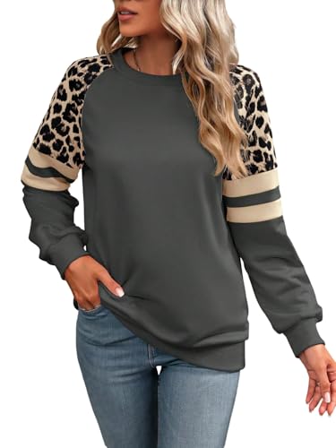 GORGLITTER Sweatshirt Damen Elegant Langarm Pullover mit Leopardenmuster Langarmshirt Rundhals Leo Oberteil Herbstshirt Casualshirt Grau S von GORGLITTER