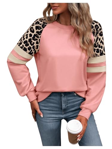 GORGLITTER Sweatshirt Damen Elegant Langarm Pullover mit Leopardenmuster Langarmshirt Rundhals Leo Oberteil Herbstshirt Casualshirt Hell-Pink M von GORGLITTER