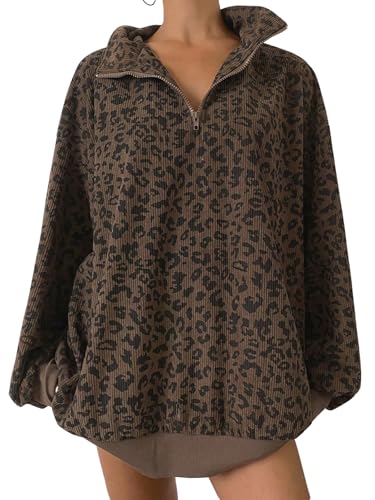 GORGLITTER Sweatshirt Damen Oversized Leoparden Oberteil Mit Reißverschluss Strickpullover Leo Langarmshirt Oversized Strickoberteile Herbst Outfit Leopardenparden M von GORGLITTER