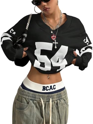 GORGLITTER Sweatshirt Damen Y2K Jersey Pullover Langarm Oberteil mit V-Ausschnitt Locker Langarmshirt Casualshirt Herbst Outfits Schwarz M von GORGLITTER