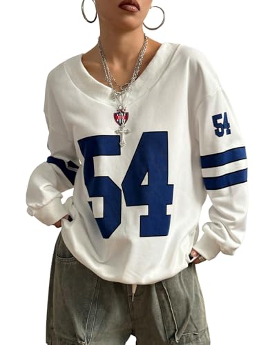 GORGLITTER Sweatshirt Damen Y2K Jersey Pullover Langarm Oberteil mit V-Ausschnitt Locker Langarmshirt Casualshirt Herbst Outfits Weiß L von GORGLITTER