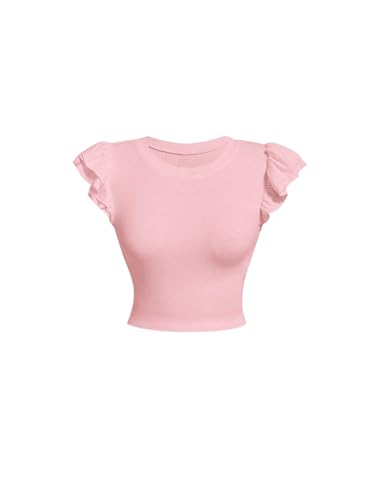 GORGLITTER T-Shirt Damen Elegant Oberteil mit Schmetterlingsärmeln Crop Top Bauchfreies Tshirt Kurzarmshirt Freizeittops Slim Fit Tops Hell-Pink S von GORGLITTER