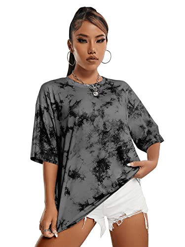 GORGLITTER T-Shirt Damen Oversized Kurzarm Shirt Lang Sommer Oberteile Batik Shirt Oversize Streetwear Y2k Top Sweatshirt Grau L von GORGLITTER