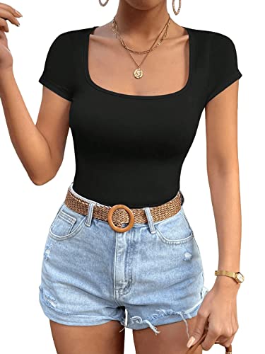 GORGLITTER T-Shirt Damen Sommer Top Mit Eckigem Ausschnitt Basic Shirt Kurzarm Eng Slim Fit Oberteil Schwarz L von GORGLITTER