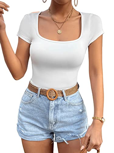 GORGLITTER T-Shirt Damen Sommer Top Mit Eckigem Ausschnitt Basic Shirt Kurzarm Eng Slim Fit Oberteil Weiß L von GORGLITTER