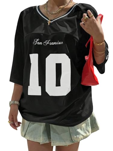 GORGLITTER T-Shirt Damen Sommer Y2K Sport Netzshirt V-Ausschnitt Jersey Kurzarmshirt Oversized Oberteil Locker Basic Longshirt Casualshirt Schwarz L von GORGLITTER