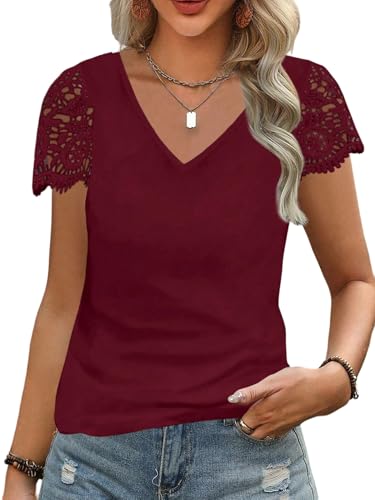 GORGLITTER T-Shirt Elegant Damen Oberteil Office Casualshirt Kurzarm Spitzenshirt Blusetop mit V Ausschnitt Bordeaux M GORGLITTER T-Shirt Elegant Damen Oberteil Office Casualshirt Kurzarm Spitzenshirt Blusetop mit V Ausschnitt Bordeaux M von GORGLITTER