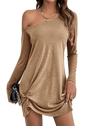 GORGLITTER T Shirt Kleid Damen Langarm Kleid Mit Schulterfrei Shirtkleid Tunika Kleider Gerafftes Kleid Kurz Freizeitkleid Midi Braun XS von GORGLITTER