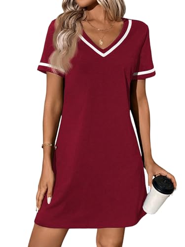 GORGLITTER T-Shirt Kleid Damen Sommer Casualkleid V Ausschnitt Sommerkleider Kurzarm Tshirtkleid Kurzkleid Farbblock Freizeitkleid Bordeaux L von GORGLITTER