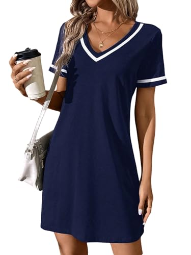 GORGLITTER T-Shirt Kleid Damen Sommer Casualkleid V Ausschnitt Sommerkleider Kurzarm Tshirtkleid Kurzkleid Farbblock Freizeitkleid Dunkelblau M von GORGLITTER