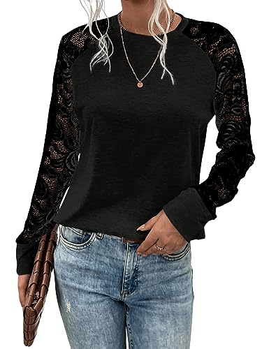 GORGLITTER T-Shirt mit Kontrast Spitzen Damen Langarm Top Raglanärmeln Spitzenshirt Elegant Oberteil Freizeitshirt Schwarz L von GORGLITTER