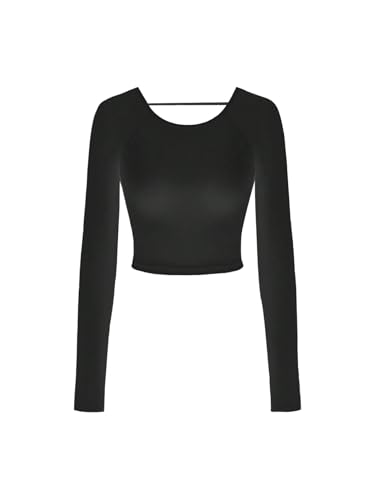 GORGLITTER T Shirts Damen Crop Tops mit Rückenfrei Langarm Tshirt Rundhals Slim Fit Bauchfreies Oberteil Partytop Herbst Outfit Schwarz XS GORGLITTER T Shirts Damen Crop Tops mit Rückenfrei Langarm Tshirt Rundhals Slim Fit Bauchfreies Oberteil Partytop Herbst Outfit Schwarz XS von GORGLITTER
