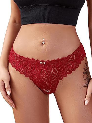 GORGLITTER Tanga Damen Sexy Spitze Durchsichtig String Tanga Mit Spitze Unterwäsche Höschen Mit Schleife Bordeaux M von GORGLITTER