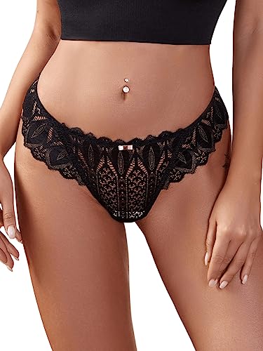 GORGLITTER Tanga Damen Sexy Spitze Durchsichtig String Tanga Mit Spitze Unterwäsche Höschen Mit Schleife Schwarz XL von GORGLITTER