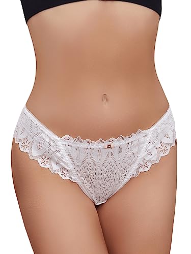 GORGLITTER Tanga Damen Sexy Spitze Durchsichtig String Tanga Mit Spitze Unterwäsche Höschen Mit Schleife Weiß L von GORGLITTER