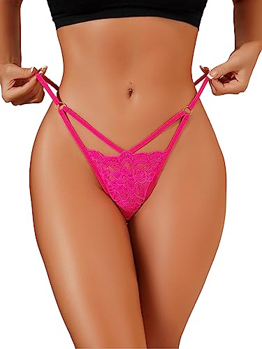 GORGLITTER Tanga Damen Sexy Spitze Durchsichtig Unterwäsche Mit Spitze Cut Out String Tanga Spitzen Thong Heißes Pink L von GORGLITTER