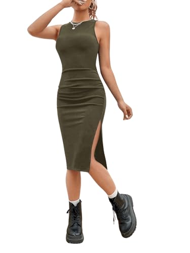 GORGLITTER Tank Kleid Damen Lang Kleid Mit Schlitz Gerafftes Bodycon Kleid Figurbetontes Kleid Ärmellos Kleid Armeegrün L von GORGLITTER