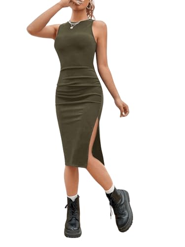 GORGLITTER Tank Kleid Damen Lang Kleid Mit Schlitz Gerafftes Bodycon Kleid Figurbetontes Kleid Ärmellos Kleid Armeegrün S von GORGLITTER