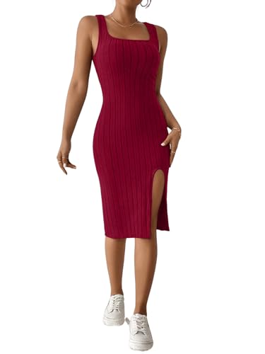 GORGLITTER Tank Kleid Damen Midi Kleid Mit Schlitz Sommer Kleid Mit Eckigem Ausschnitt Rippenstrick Kleid Figurbetontes Kleid Rot L von GORGLITTER