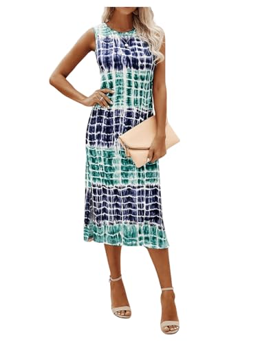 GORGLITTER Tank Kleid Mit Batik Damen Sommerkleid Knielang Elegant Freizeitkleid Mit Schlitz Midikleid Sommer Blau und Grün L von GORGLITTER