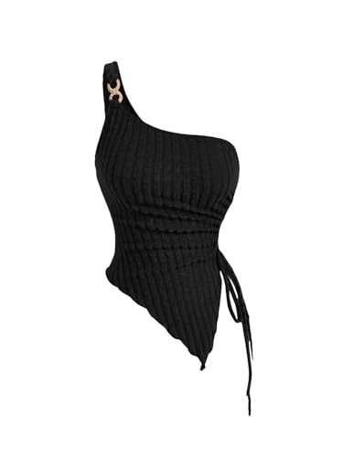 GORGLITTER Tank Top Damen Elegant Sommer Top Mit Kette Partytop Stricktop One Shoulder Top Sexy Y2k Top Asymmetrisches Oberteil Schwarz XS von GORGLITTER