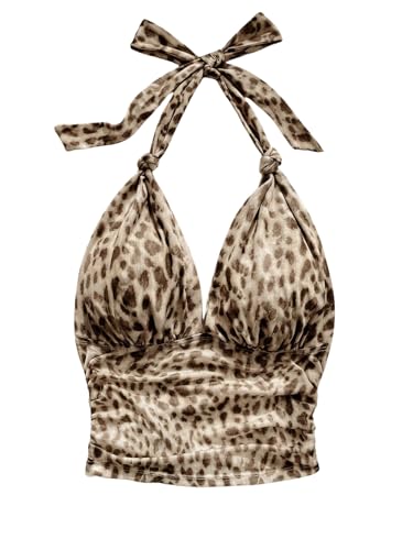 GORGLITTER Tank Top Damen Elegant Y2K Trägertop mit Leopardmuster Neckholder Crop Top mit V-Ausschnitt Bauchfreies Oberteil Partytop Leoparden S von GORGLITTER