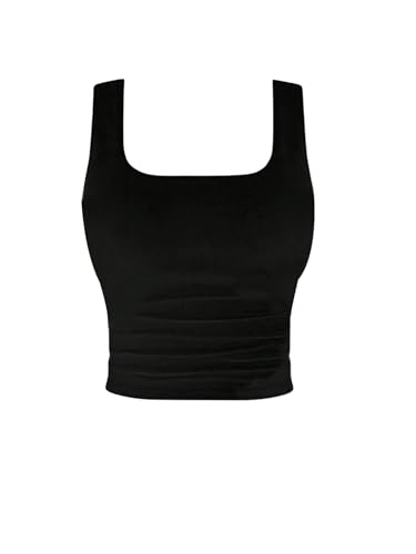 GORGLITTER Tank Top Damen Mit Integriertem BH Tanktops Crop Tops Mit Eckigem Ausschnitt Sommertop Basic Top Mit Breiten Trägern Schwarz L von GORGLITTER