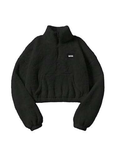 GORGLITTER Teddy Sweatshirt Damen Fleecepullover Langarm Oberteil Mit Reißverschluss Crop Sweatshirt Jacke Mit Tasche Fleece Oberteil Winter Outfit Schwarz L von GORGLITTER